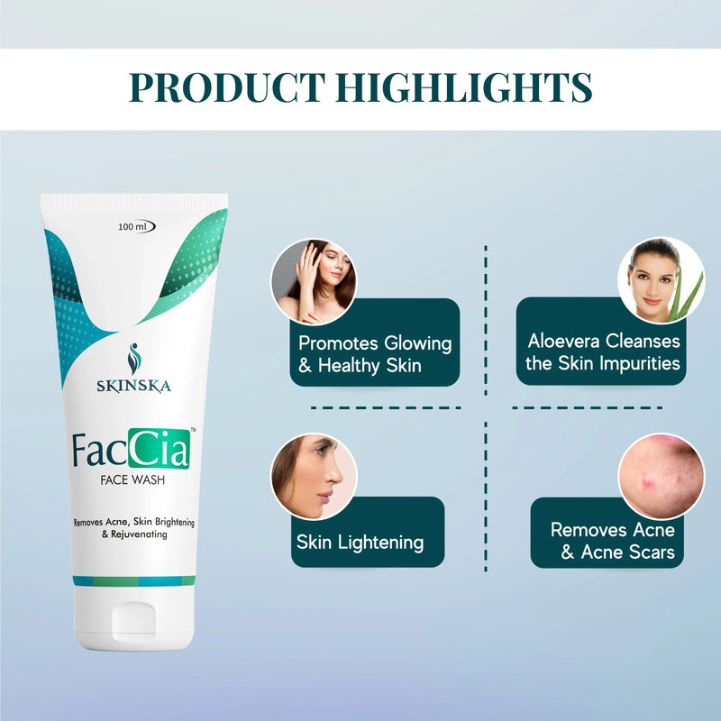 Face wash product with skin benefits highlighted on a light blue background