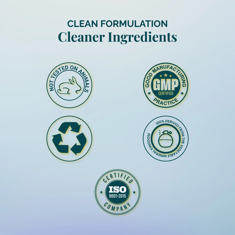 Stickers indicating cleaner ingredients certification on a gradient background