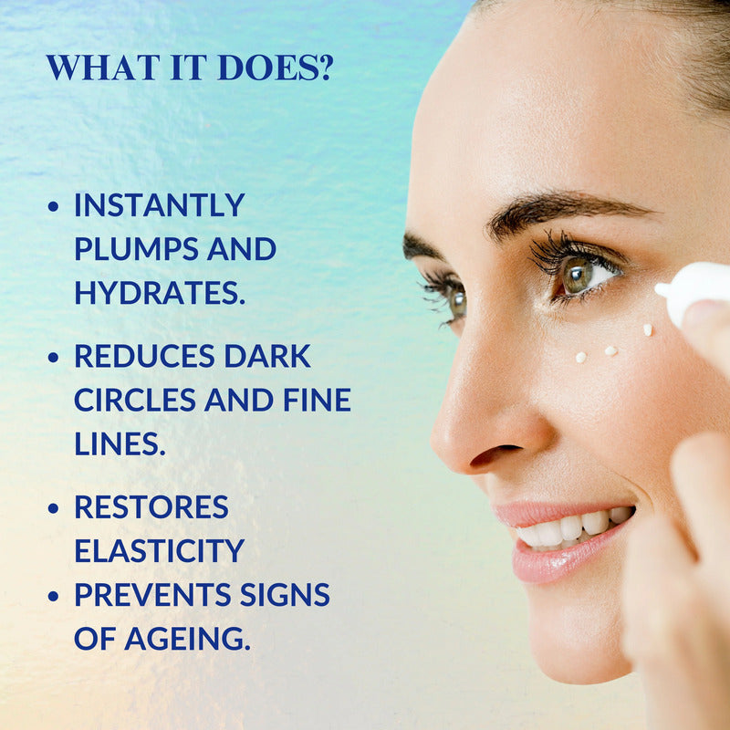 Woman applying cream with text about skincare product benefits.
