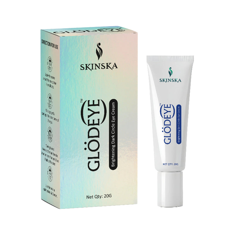 The image shows a box and tube of SKINSKA GLODEYE BRIGHTENING DARK CIRCLE EYE CREAM. The packaging is primarily white with blue text and accents, and the product is labeled as having a net quantity of 20 grams.