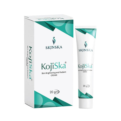 The image shows a box and tube of KOJISKA Skin Brightening and Radiant Cream, with a white and teal design on the packaging.