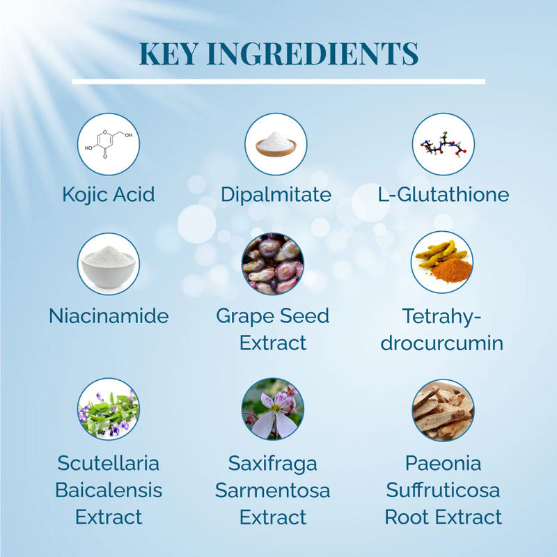 List of key ingredients with icons and text on a light blue background