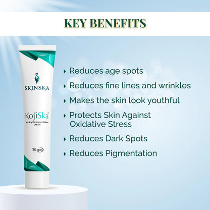 Skincare cream tube with list of key benefits on a light blue background
