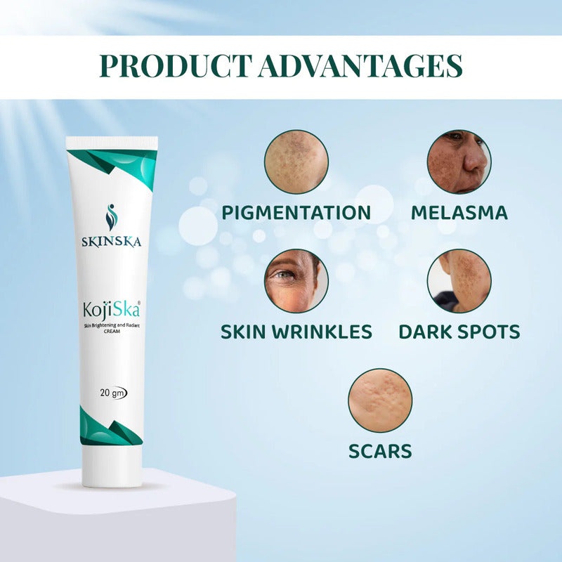 Skincare product with images of skin issues and solutions on a light blue background
