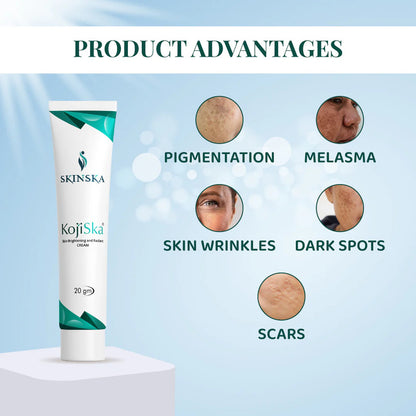 Skincare product with images of skin issues and solutions on a light blue background