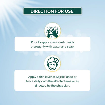 Direction for use for a skincare product with hand and face icons on a light blue background.