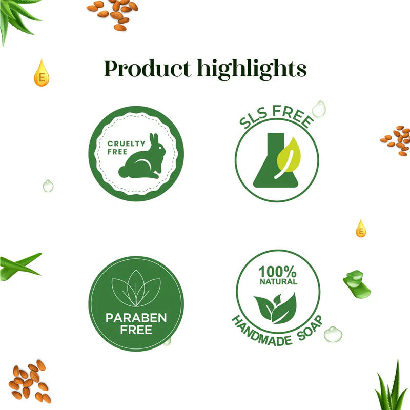 Green badges indicating cruelty-free, SLS-free, paraben-free, and 100% natural handmade soap on a white background with subtle product elements.