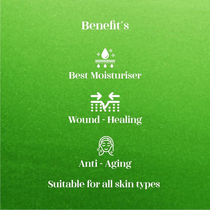 Green background with white text and icons listing benefits of a product.