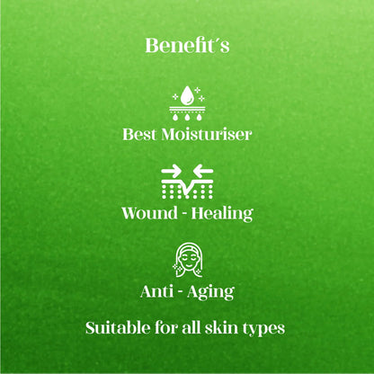 Green background with white text and icons listing benefits of a product.