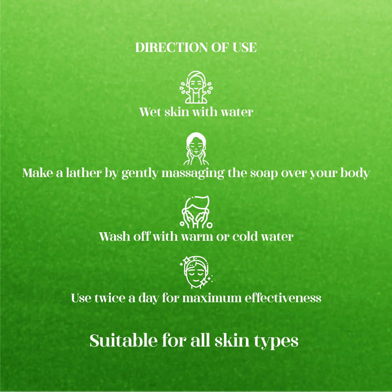 Green soap packaging with white text and icons showing direction of use.