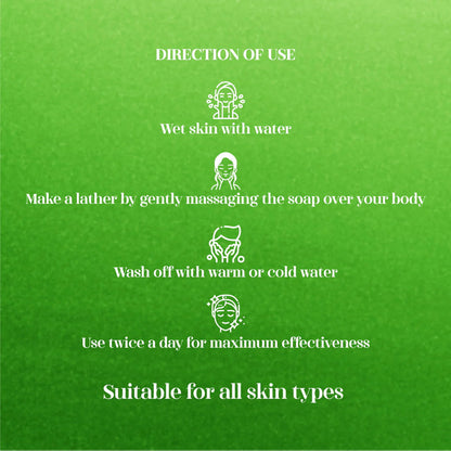 Green soap packaging with white text and icons showing direction of use.