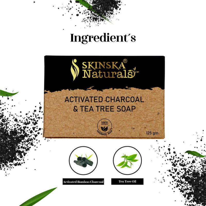 Package of Activated Charcoal & Tea Tree Soap with ingredient icons.
