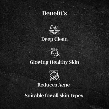 Text and icon list of skincare product benefits on a dark textured background