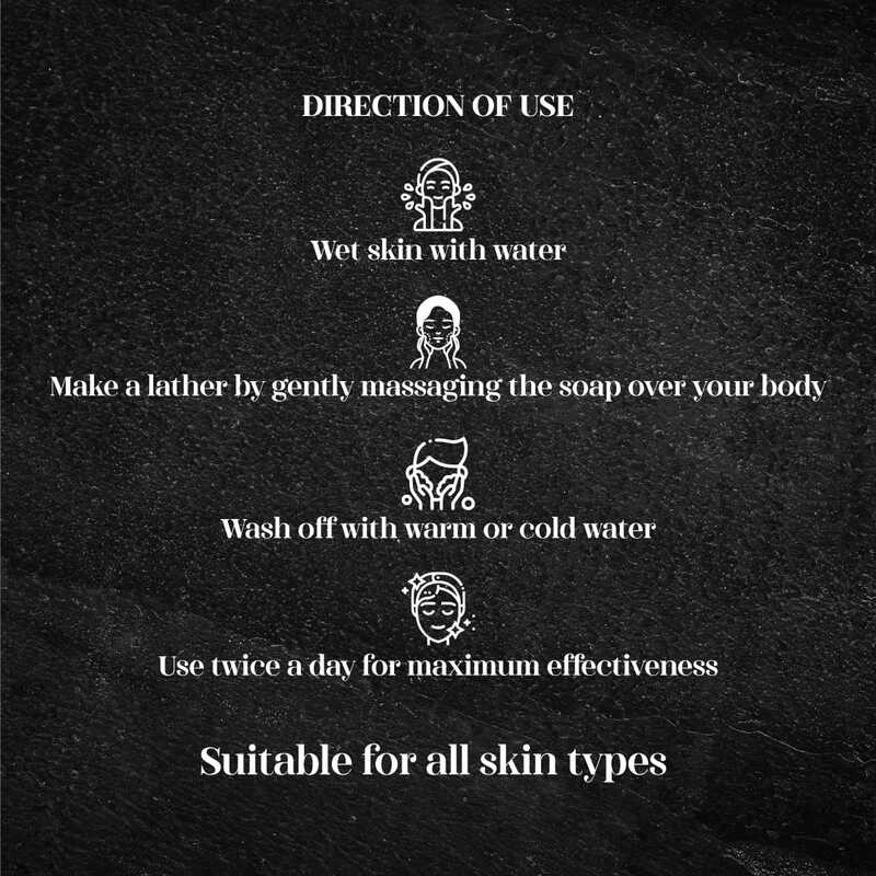 Black soap packaging with white text and icons detailing use instructions.