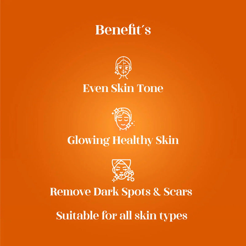 Orange background with white text listing skin care benefits.