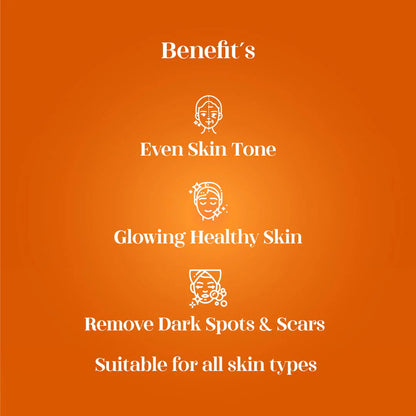 Orange background with white text listing skin care benefits.