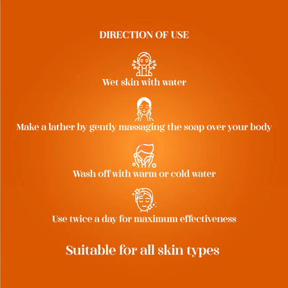 Orange soap packaging with white text and icons detailing use instructions.