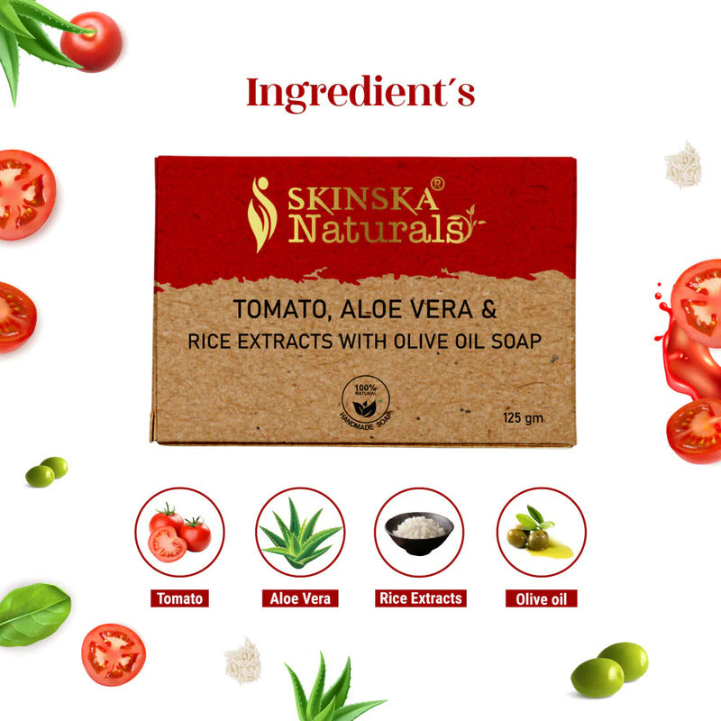 Soap bar with tomato, aloe vera, rice extracts, and olive oil ingredients on a white background.