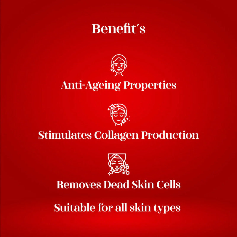 Red background with white text and icons listing skincare product benefits.