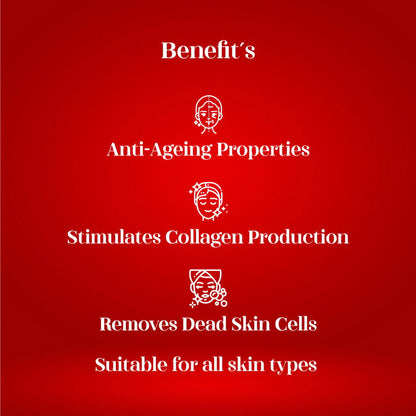 Red background with white text and icons listing skincare product benefits.