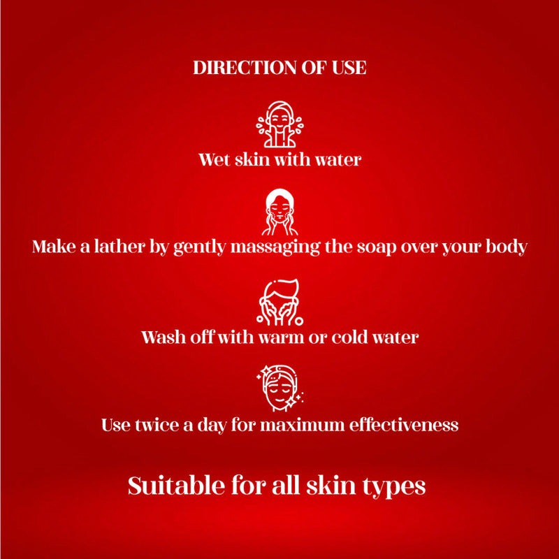Red background with white text and icons providing soap usage instructions.