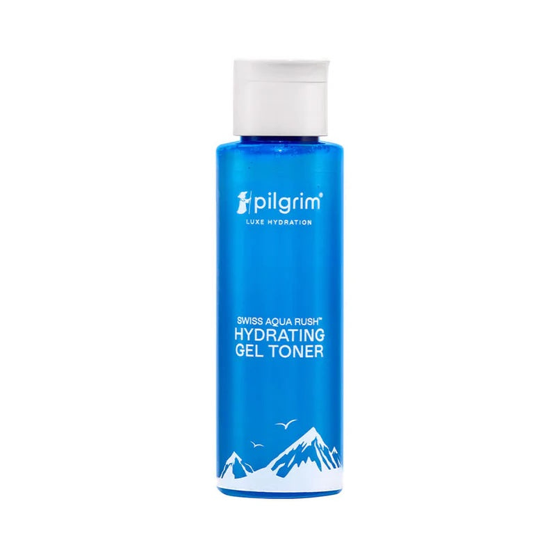 A blue bottle of PILGRIM Swiss Aqua Rush Hydrating Gel Toner with white and silver text, and graphics of mountains.