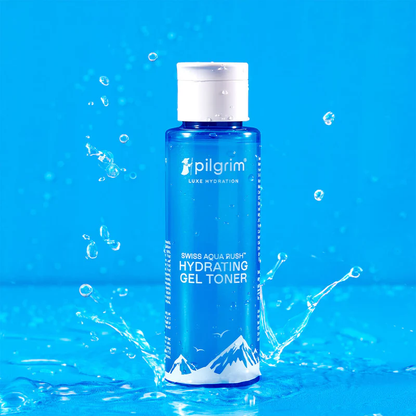 A blue bottle of PILGRIM Swiss Aqua Rush Hydrating Gel Toner with white and silver text, and graphics of mountains on blue background