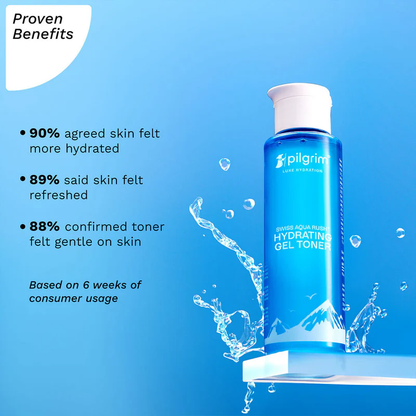 A blue bottle of PILGRIM Swiss Aqua Rush Hydrating Gel Toner and benefits of the products on blue background