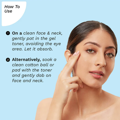 women showing her face and explaining the usage process of the products on blue background