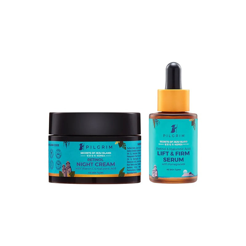 Image depicting two skincare products, a night cream and a lift & firm serum, both with blue and orange packaging.