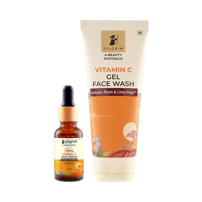 Image depicting two Pilgrim brand skincare products, a Vitamin C Gel Face Wash in a tube and a Vitamin C Face Serum in a dropper bottle, both with label information and branding.